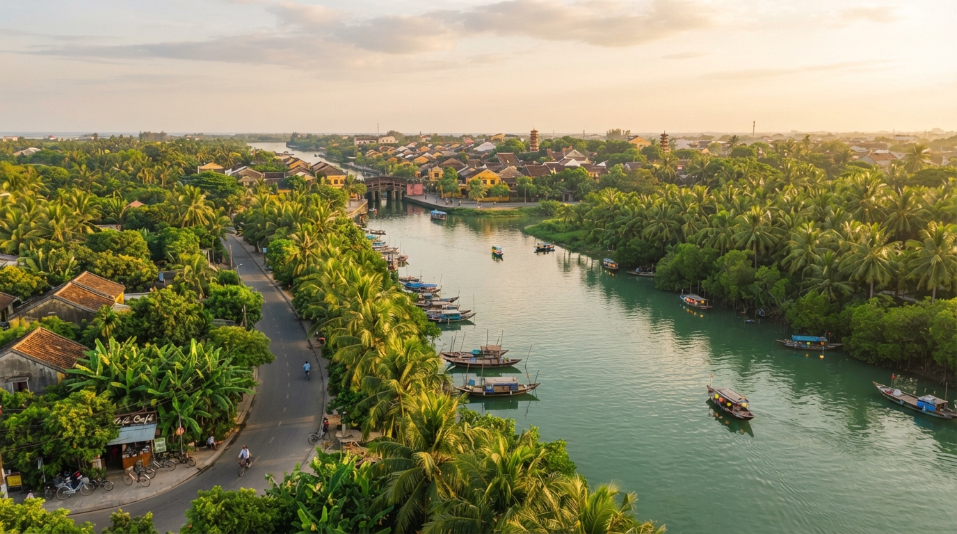 Toàn cảnh sông Hoài Hội An lúc hoàng hôn, nhìn từ trên cao